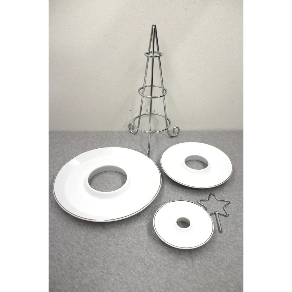 Towle Server White Christmas Tree Three Tiered Ceramic Silver Trim Star Vintage